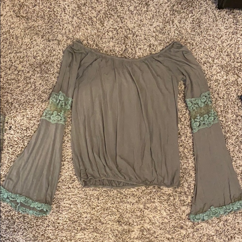 Olive green off the shoulder long sleeve lace top